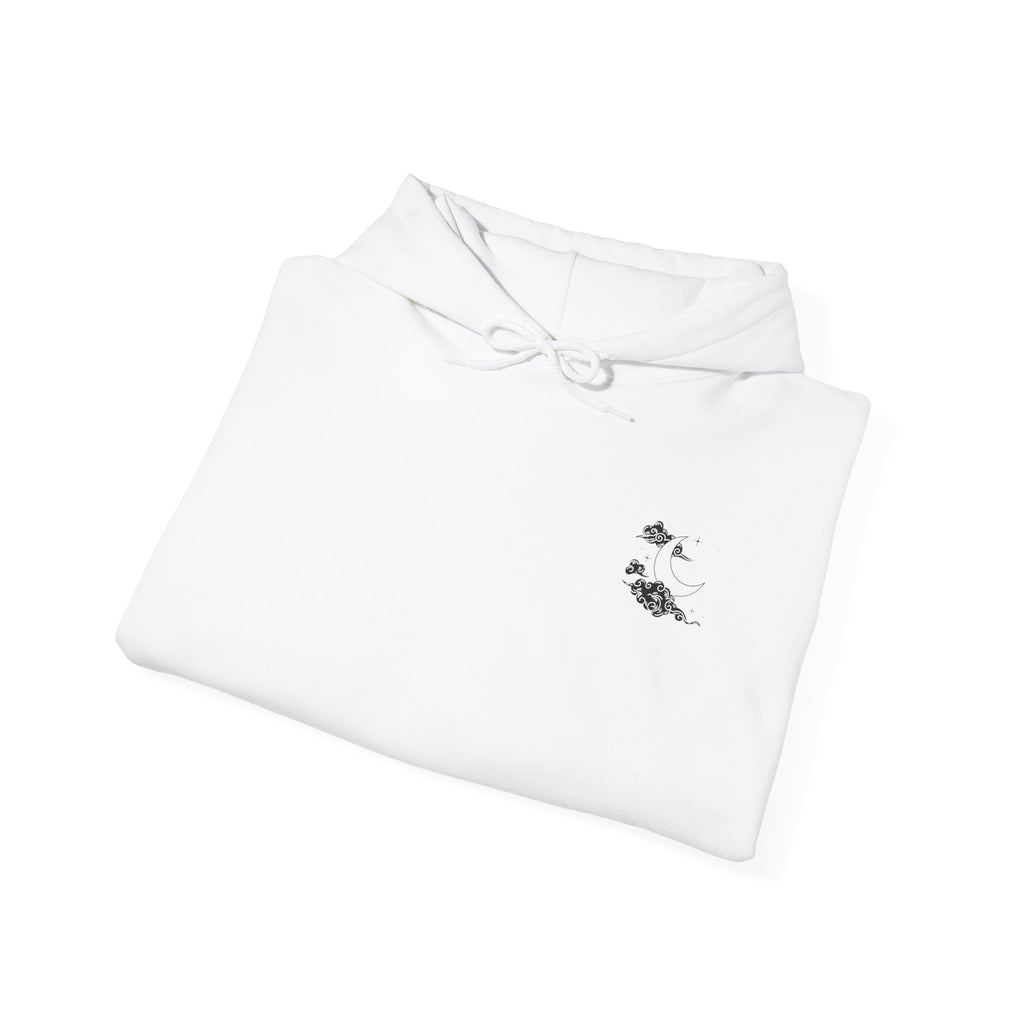 Minimal White Hoodie — Cloud & Moon Minimalist Graphic Hoodie