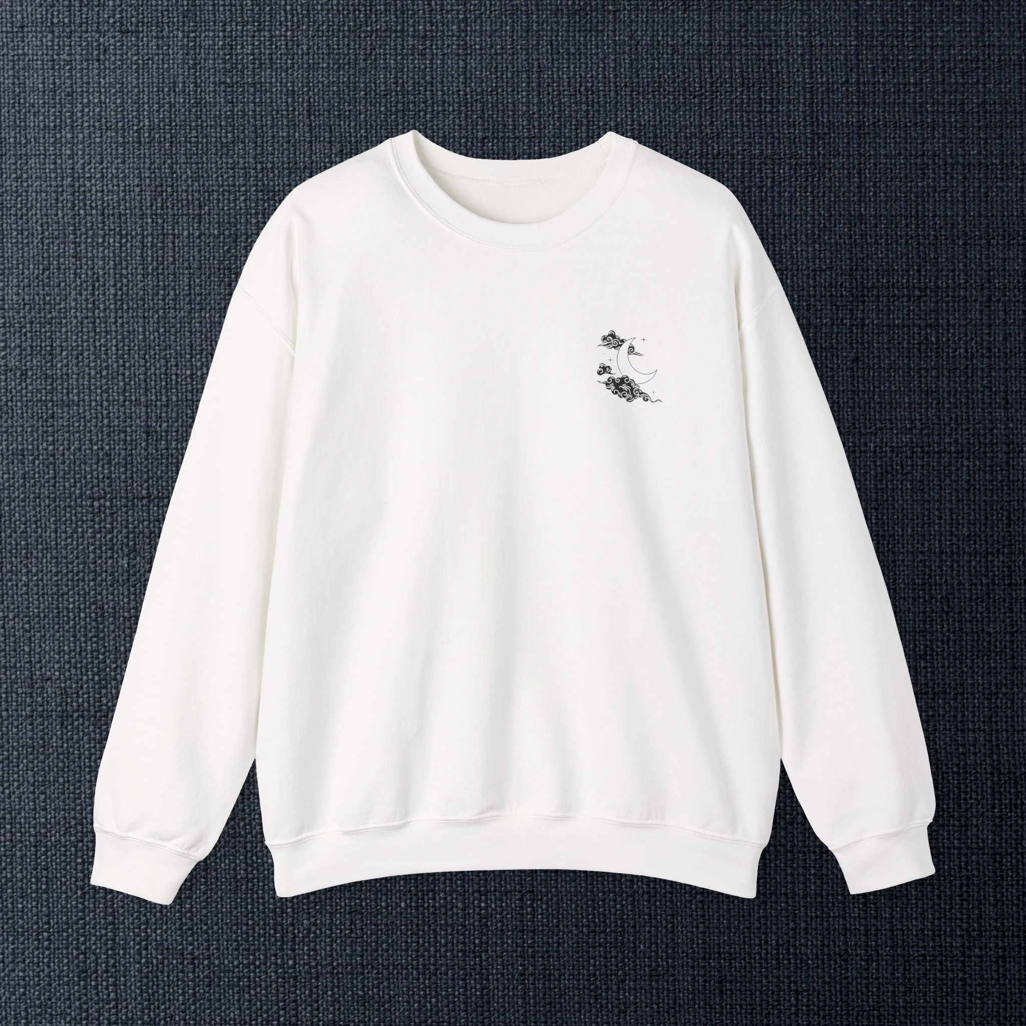 Minimal White Crewneck — Cloud & Moon Minimalist Graphic Sweatshirt