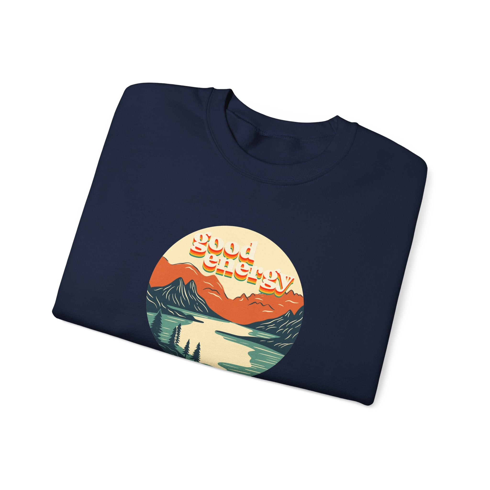 Good Energy Crewneck — Retro Mountain Sunset Graphic Sweatshirt