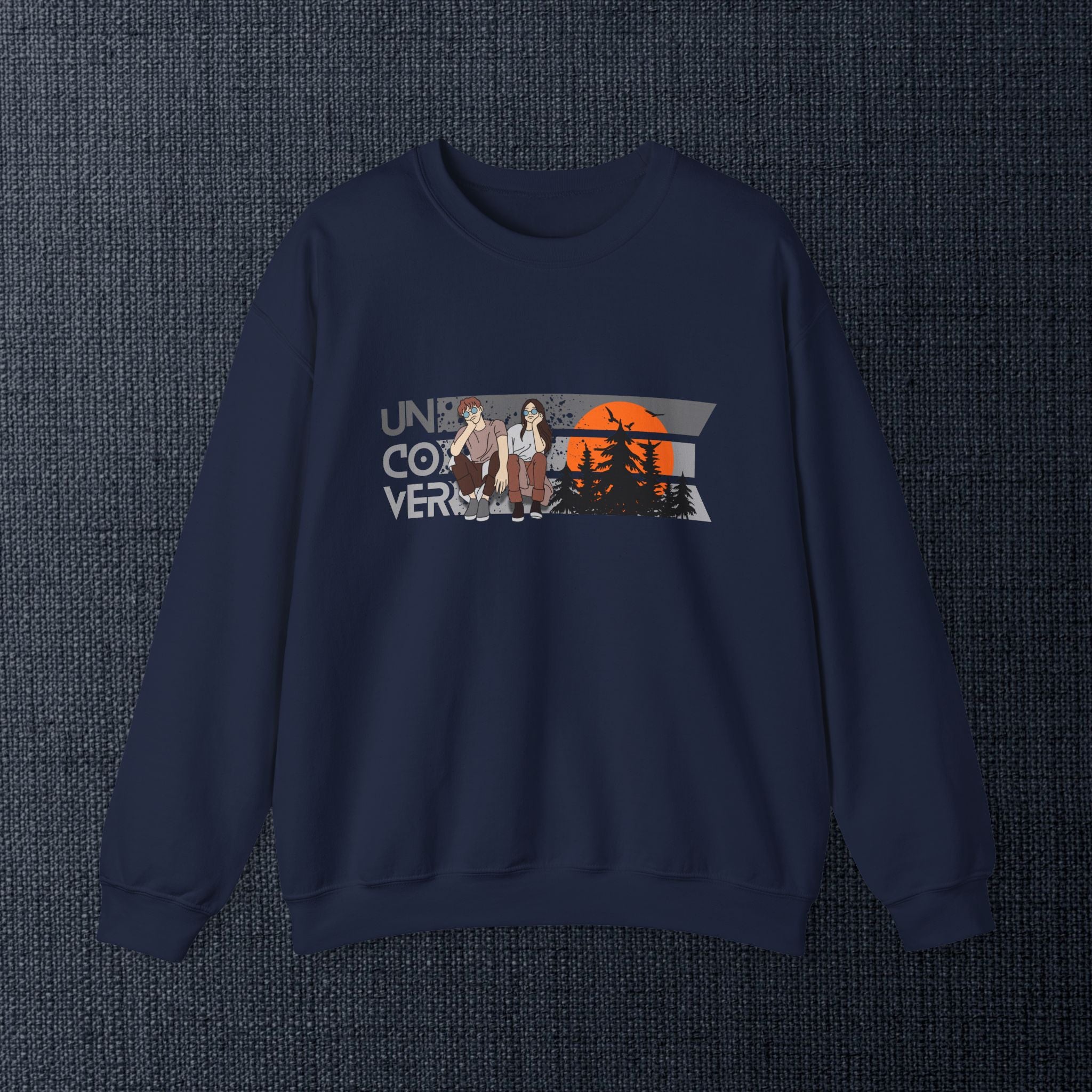 Retro Sunset Crewneck — “Uncover Conversations” Forest Silhouette Graphic Sweatshirt