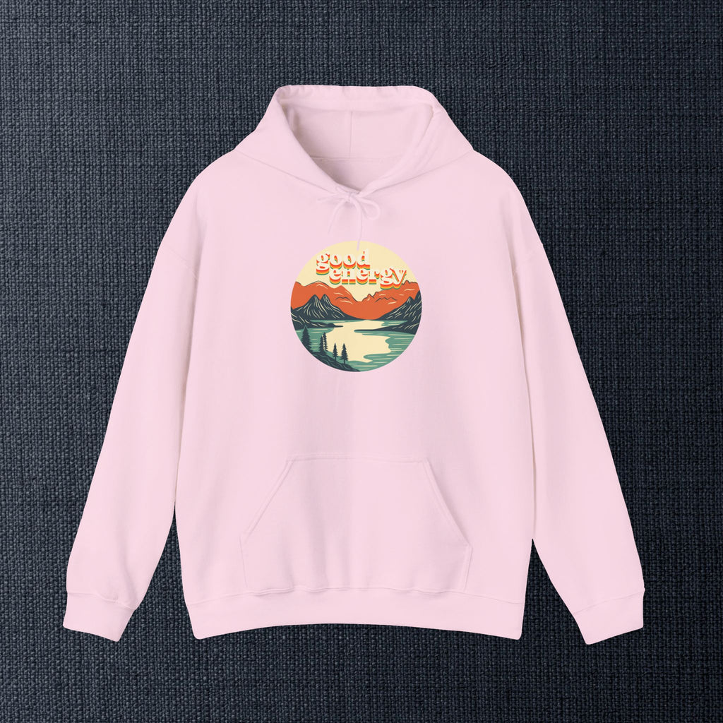 Good Energy Hoodie — Retro Mountain Sunset Graphic Hooded Sweatshirt