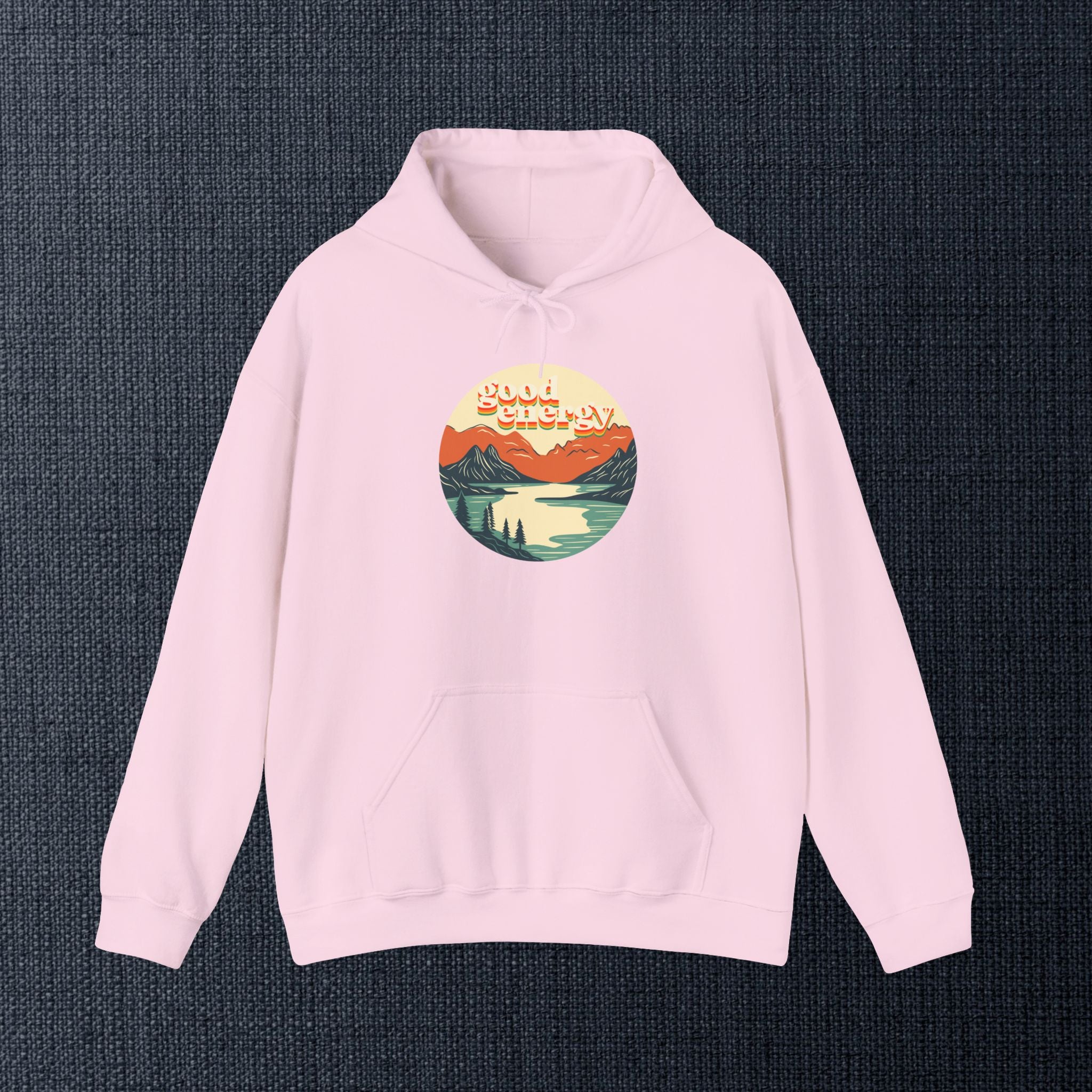 Good Energy Hoodie — Retro Mountain Sunset Graphic Hooded Sweatshirt