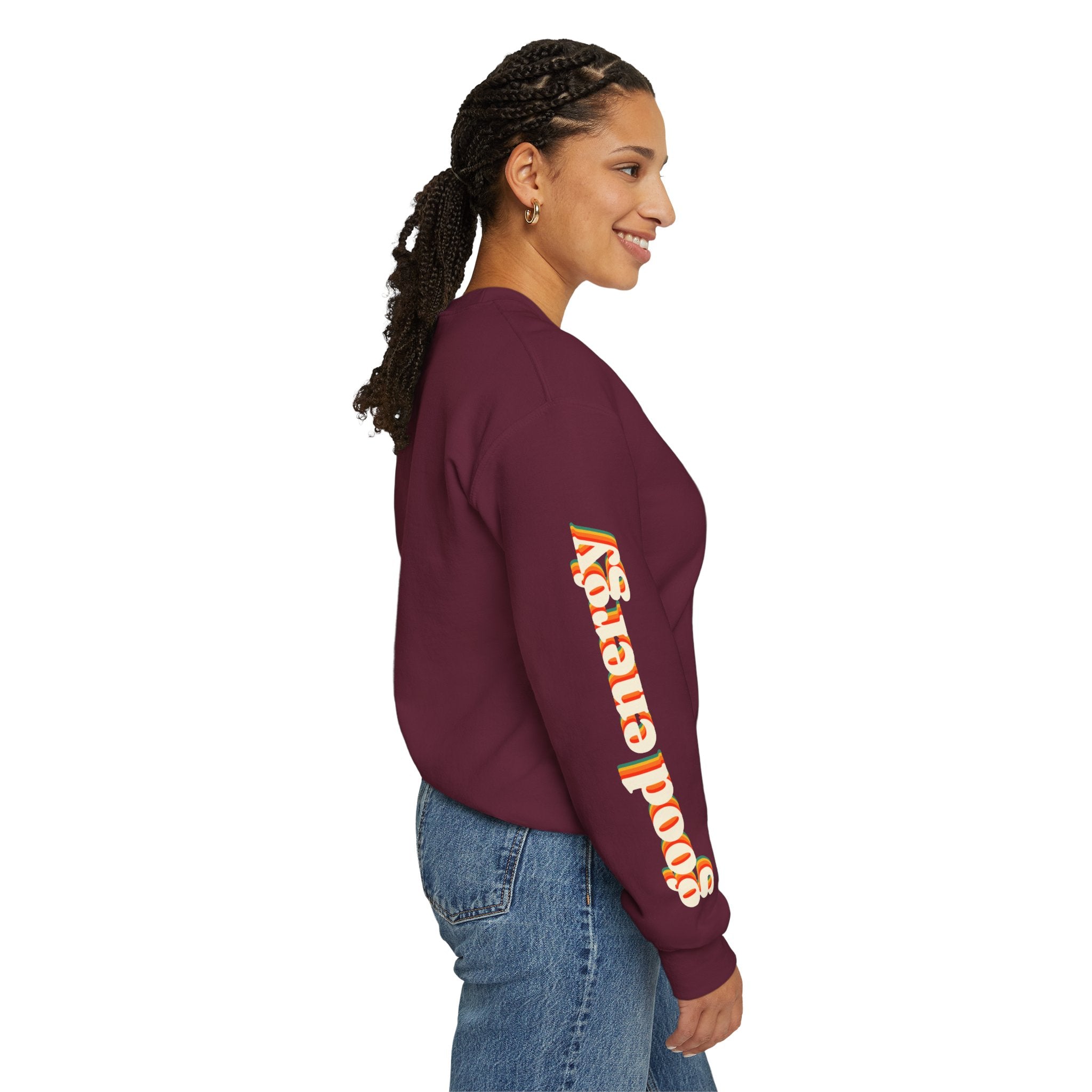 Good Energy Crewneck — Retro Mountain Sunset Graphic Sweatshirt