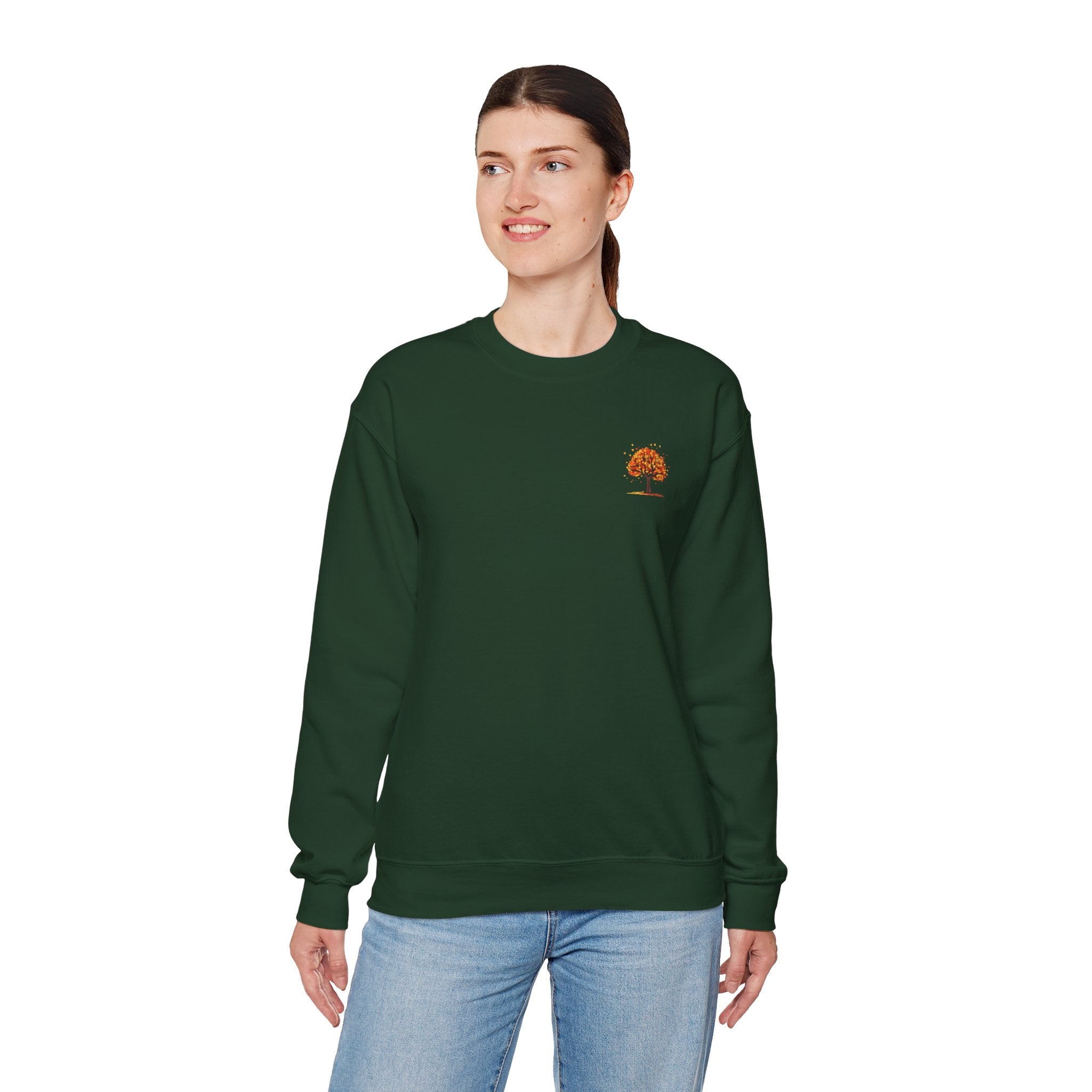 Autumn Orange Tree Crewneck — Cozy Fall Embroidered Graphic Sweatshirt