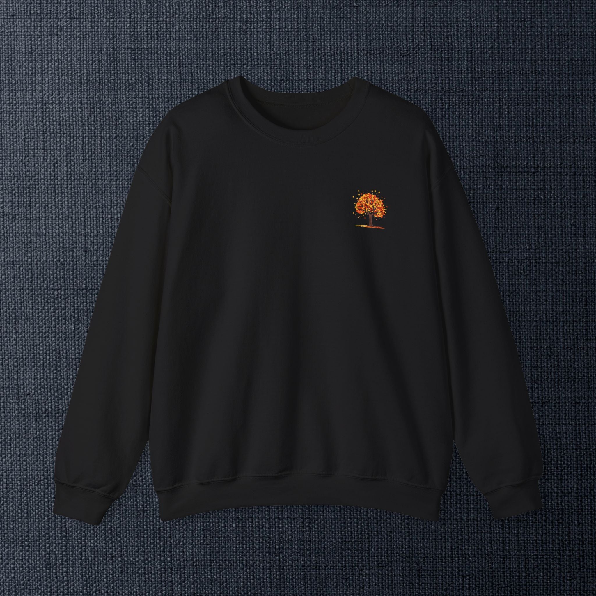 Autumn Orange Tree Crewneck — Cozy Fall Embroidered Graphic Sweatshirt