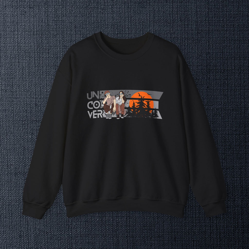 Retro Sunset Crewneck — “Uncover Conversations” Forest Silhouette Graphic Sweatshirt