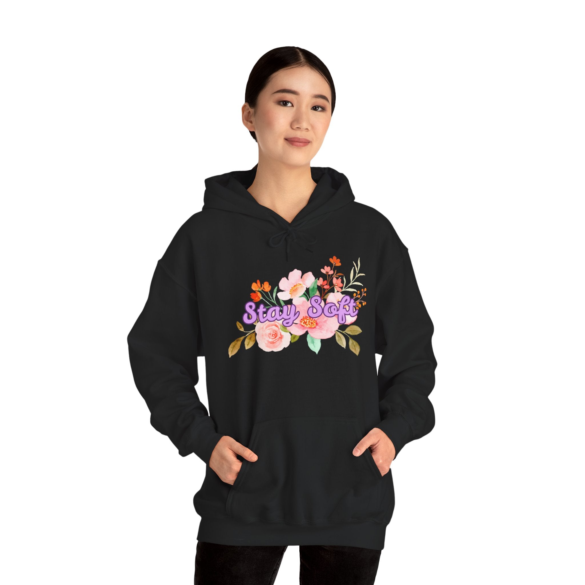Stay Soft Floral Hoodie — Pastel Botanical Graphic Hooded Sweatshirt with Hand-Lettered Quote