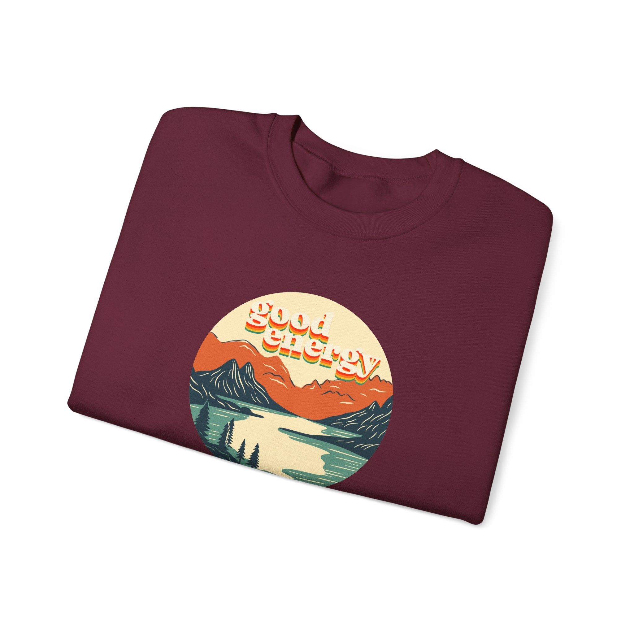 Good Energy Crewneck — Retro Mountain Sunset Graphic Sweatshirt