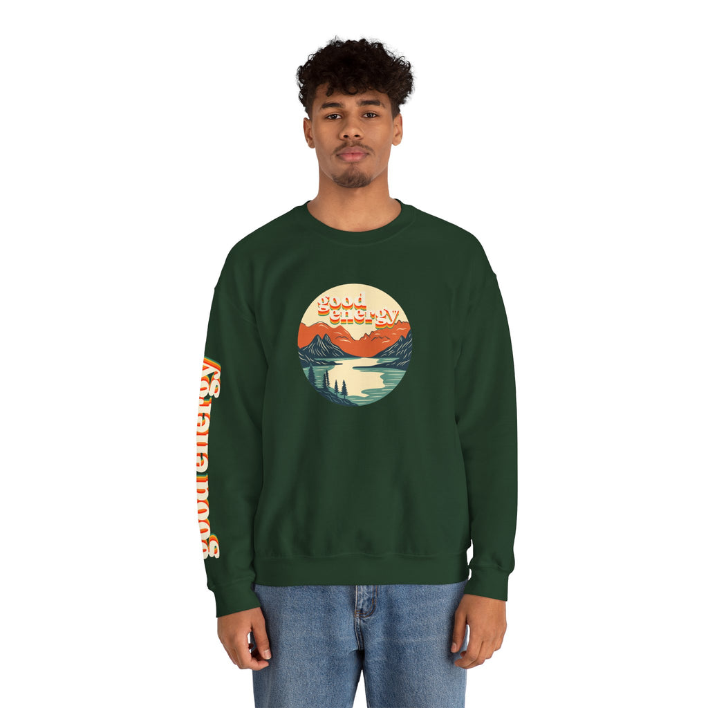 Good Energy Crewneck — Retro Mountain Sunset Graphic Sweatshirt