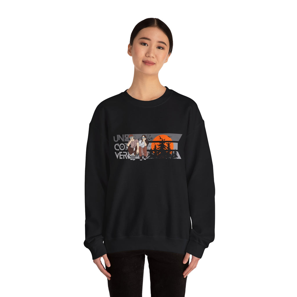 Retro Sunset Crewneck — “Uncover Conversations” Forest Silhouette Graphic Sweatshirt