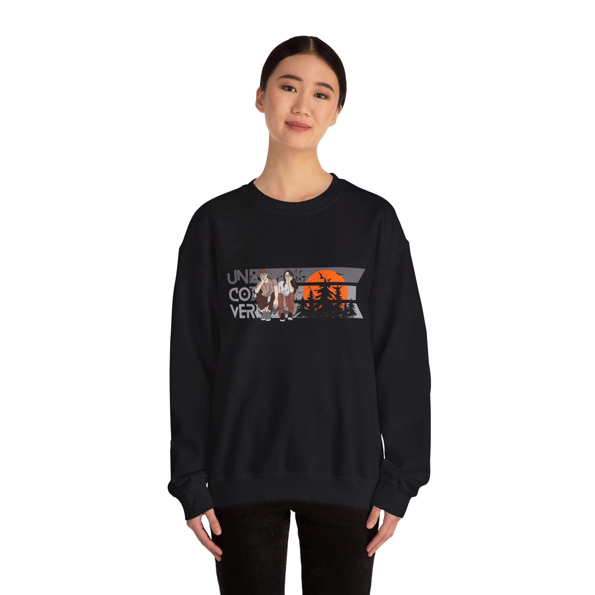 Retro Sunset Crewneck — “Uncover Conversations” Forest Silhouette Graphic Sweatshirt