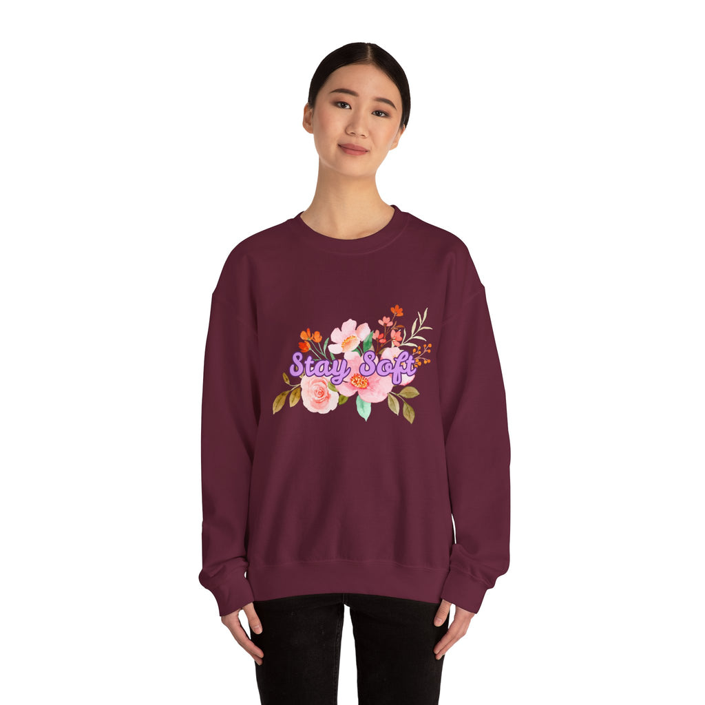 Stay Soft Floral Crewneck — Pastel Botanical Graphic Sweatshirt with Hand-Lettered Quote