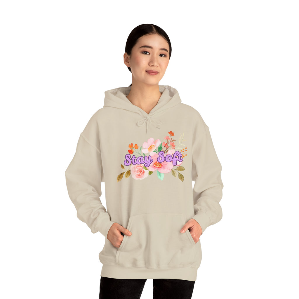 Stay Soft Floral Hoodie — Pastel Botanical Graphic Hooded Sweatshirt with Hand-Lettered Quote