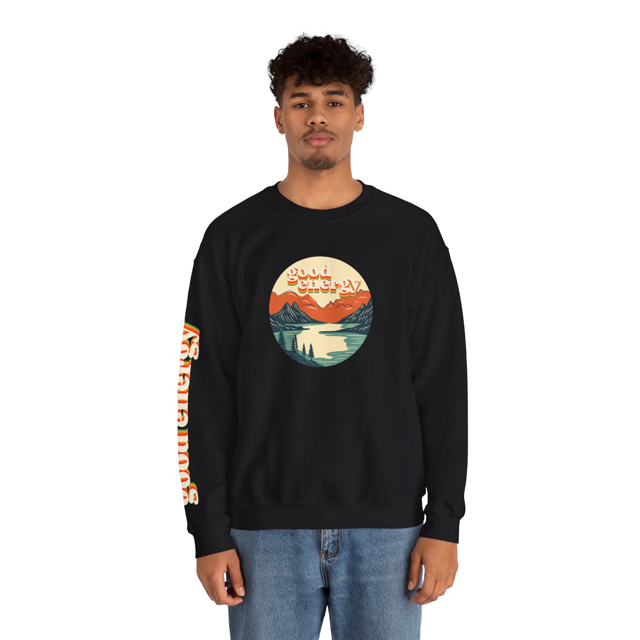 Good Energy Crewneck — Retro Mountain Sunset Graphic Sweatshirt