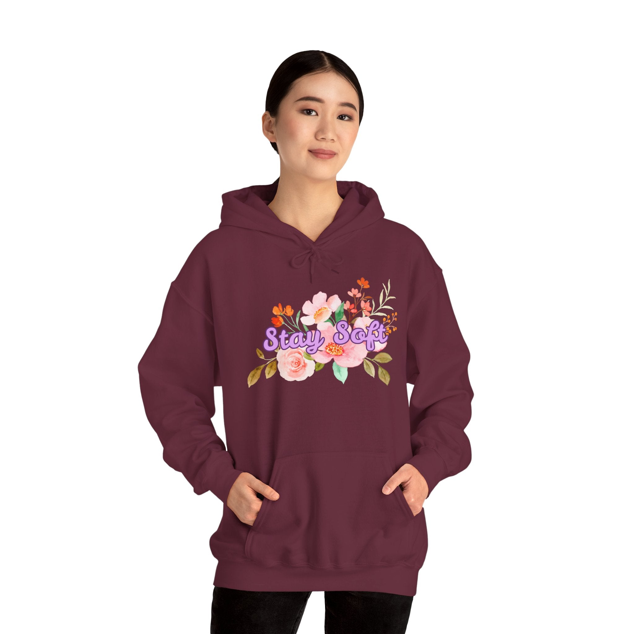 Stay Soft Floral Hoodie — Pastel Botanical Graphic Hooded Sweatshirt with Hand-Lettered Quote
