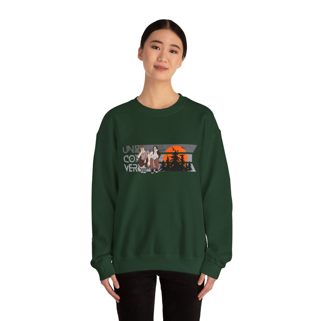 Retro Sunset Crewneck — “Uncover Conversations” Forest Silhouette Graphic Sweatshirt