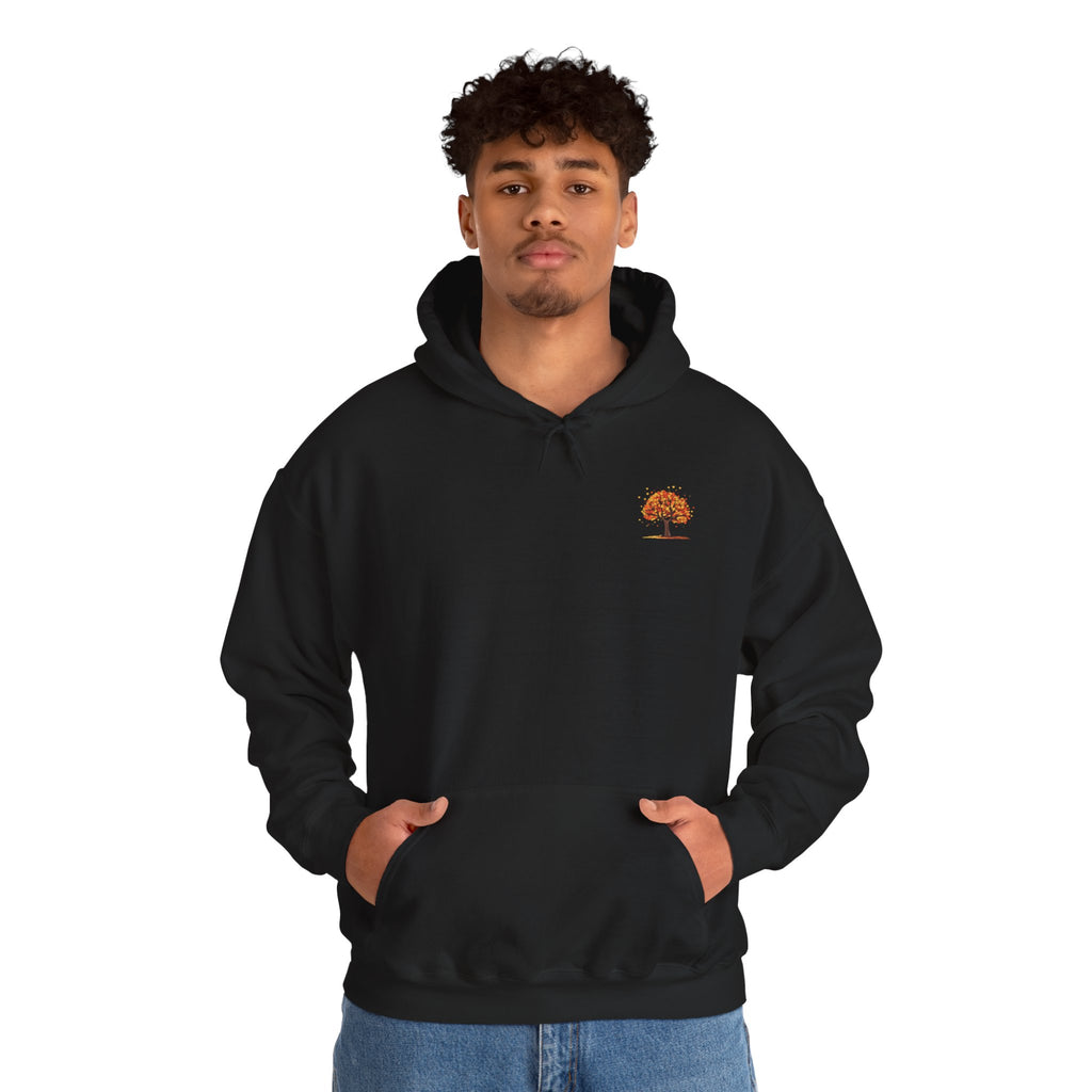 Autumn Orange Tree Hoodie — Cozy Fall Season Graphic Hooded Sweatshirt