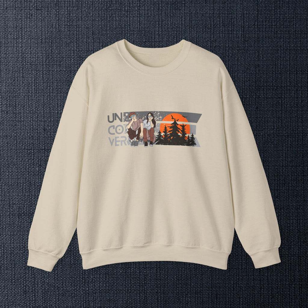 Retro Sunset Crewneck — “Uncover Conversations” Forest Silhouette Graphic Sweatshirt
